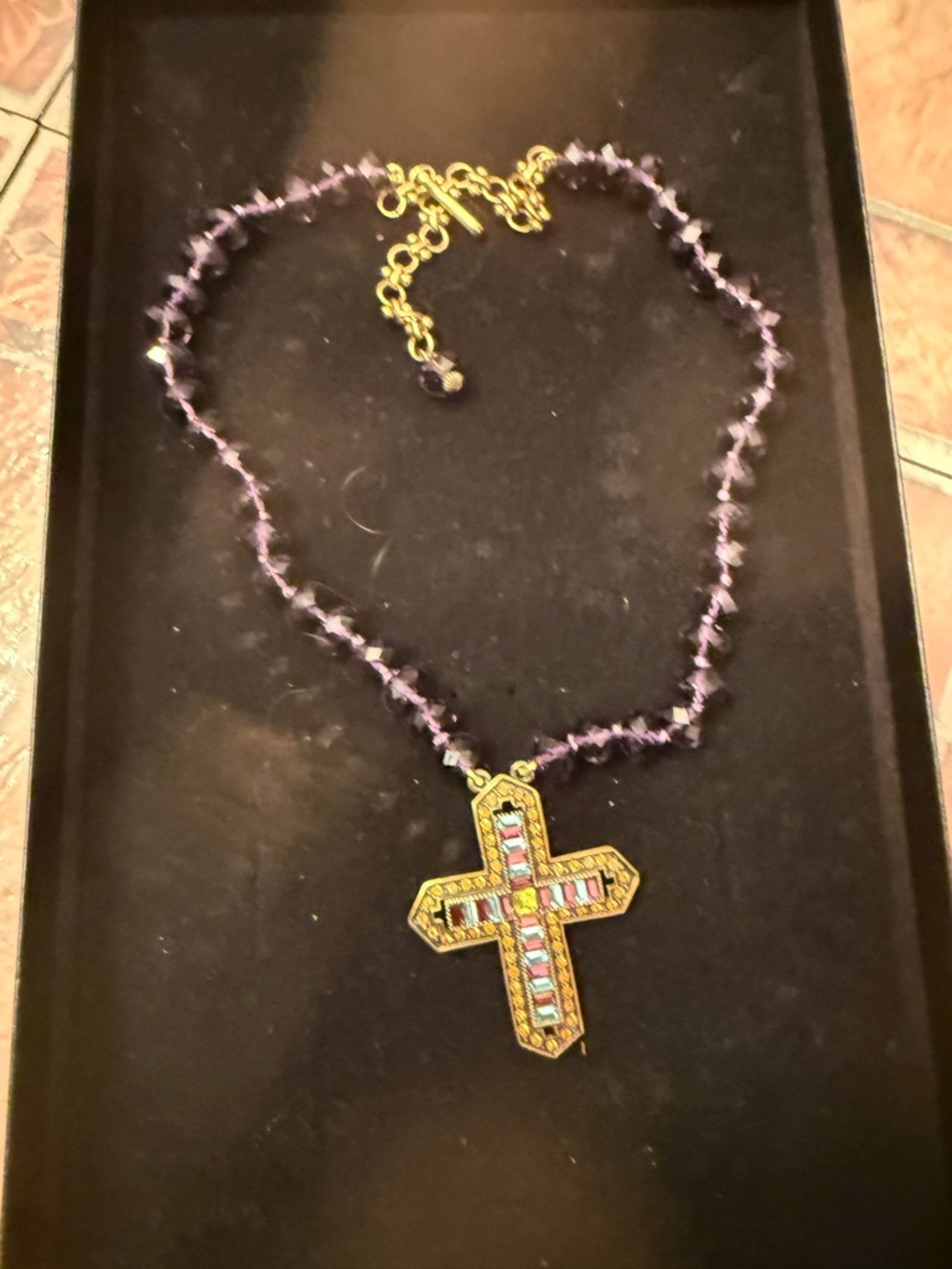 Heidi Daus Gold-Tone Cross Pendant Necklace with Purple Beaded Chain
